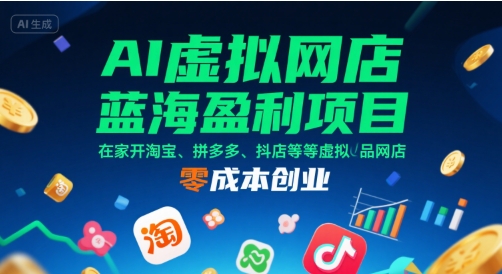 AI虚拟网店蓝海盈利项目，在家开淘宝、拼多多、抖店等虚拟品网店，零成本创业-出门会