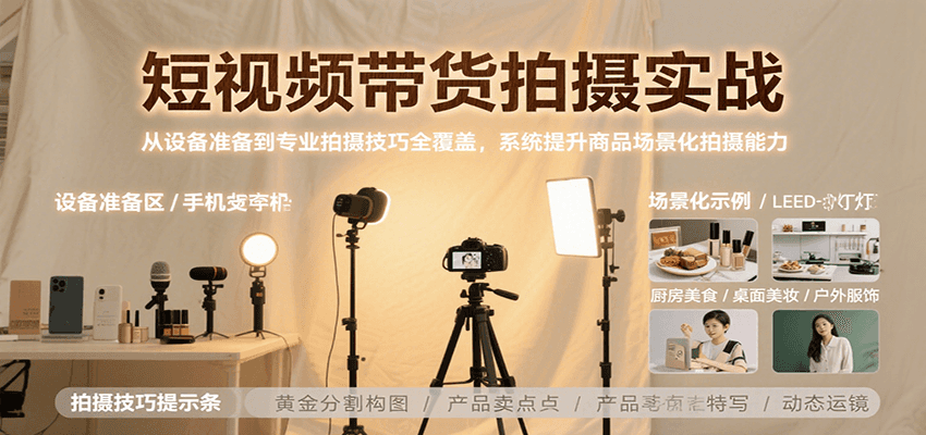 短视频带货拍摄实战，从设备准备到专业拍摄技巧全覆盖，系统提升商品场景化拍摄能力-出门会