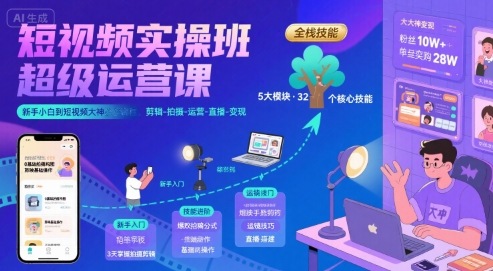 短视频实操班超级运营课，新手小白到短视频大神必修课程，剪辑-拍摄-运营-直播-变现-出门会