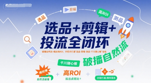 选品+剪辑+投流全闭环，破播自然流+撬动高ROI，手把手打通“选品-剪辑-测品-千川随心推”全链-出门会