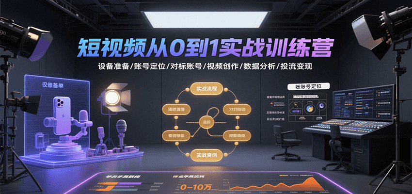 短视频从0到1实战训练营：设备准备/账号定位/对标账号/视频创作/数据分析/投流变现-出门会