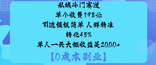 私域冷门赛道:单个收费198米引流模板简单人群精准转化45%单人一天大概收益是1k+-出门会