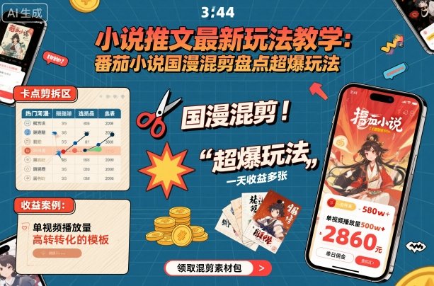 小说推文最新玩法教学，番茄小说国漫混剪盘点超爆玩法，全程干货，一天收益多张-出门会