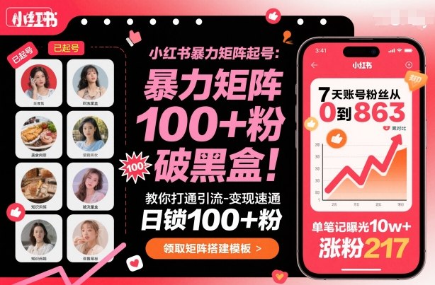 小红书暴力矩阵起号，教你打通引流-变现速通，日锁100+粉，破流量黑盒-出门会