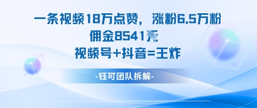 一条视频18W点赞，涨粉6.5W粉佣金8541米，视频号+抖音=王炸-出门会
