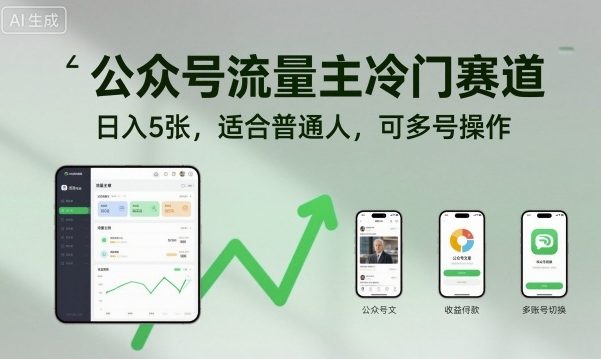 公众号流量主冷门赛道，日入5张，适合普通人，可多号操作-出门会