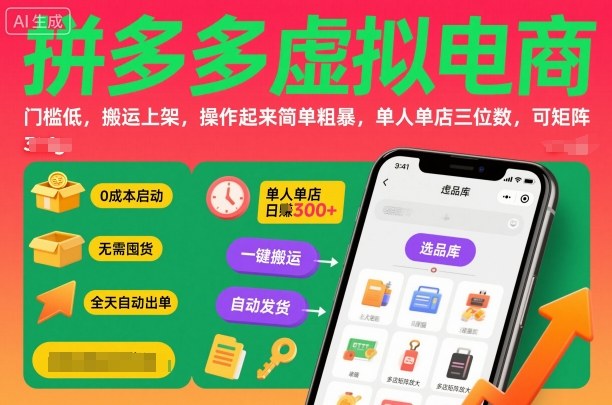 拼多多虚拟电商，门槛低，搬运上架，操作起来简单粗暴，单人单店三位数，可矩阵-出门会