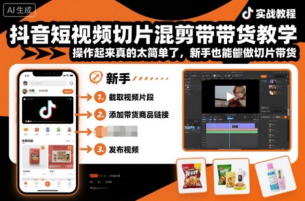 抖音短视频切片混剪带货教学，操作起来真的太简单了，新手也能做切片带货-出门会