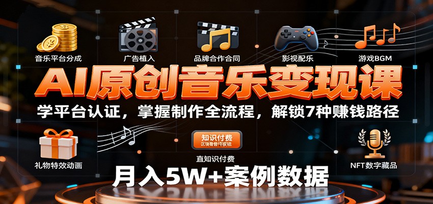 AI原创音乐变现课：学平台认证，掌握制作全流程，解锁7种赚钱路径-出门会