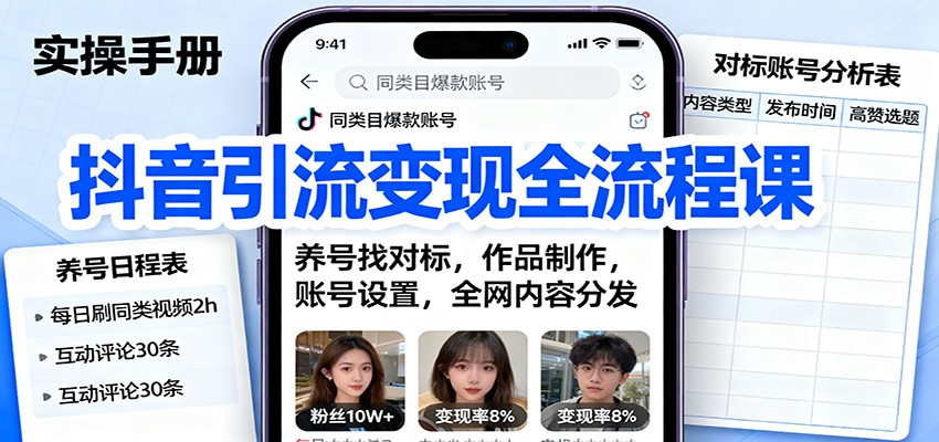 抖音引流变现全流程课：养号找对标，作品制作，账号设置，全网内容分发-出门会