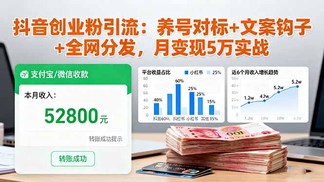 抖音创业粉引流：养号对标+文案钩子+全网分发，月变现5万实战-出门会