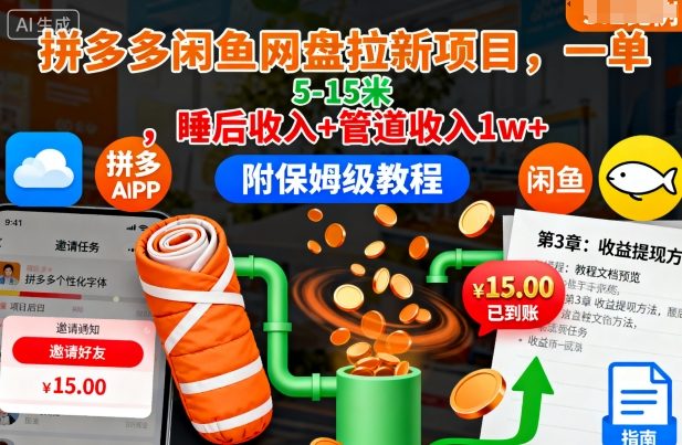 拼多多闲鱼网盘拉新项目，一单5-15米，睡后收入+管道收入1w+(附保姆级教程)-出门会