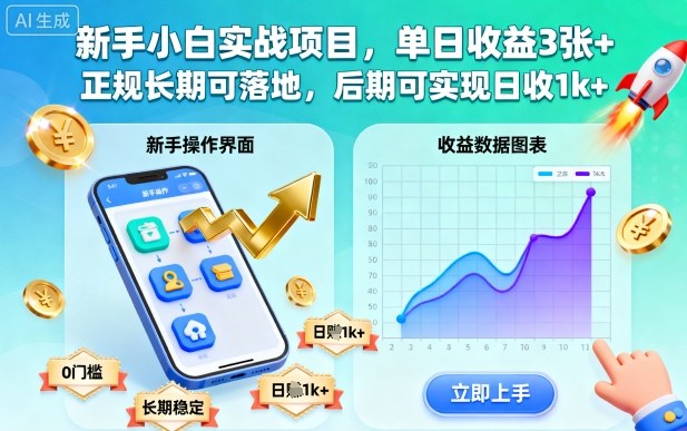 新手小白实战项目，单日收益3张+，正规长期可落地，后期可实现日收1k+【揭秘】-出门会