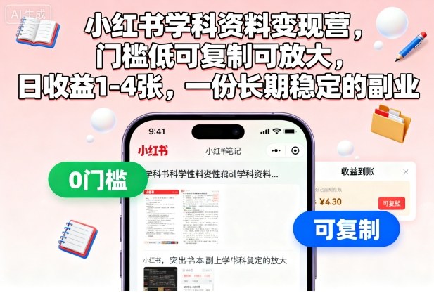 小红书学科资料变现营，门槛低可复制可放大，日收益1-4张，一份长期稳定的副业-出门会