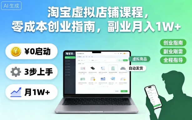 淘宝虚拟店铺课程，零成本创业指南，副业月入1W+-出门会